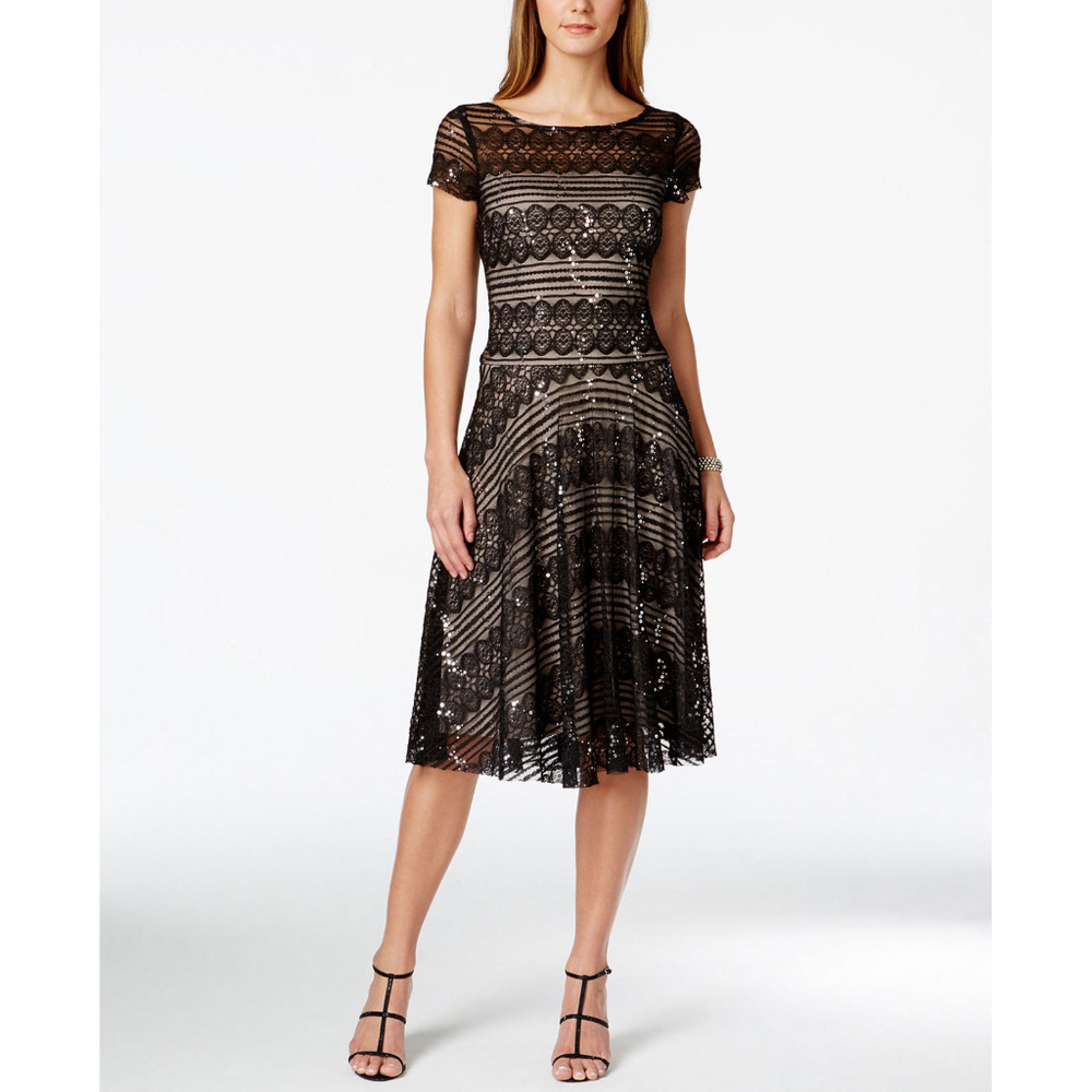 New Sangria Lace Midi Dress 10 Black Nude Fit & Flare Stretch Illusion Sequin